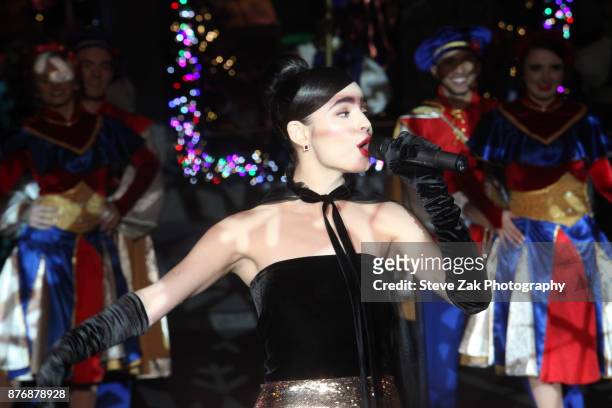 Singer and actress Sofia Carson performs during the 2017 Saks Fifth Avenue & Disney "Once Upon A Holiday" Windows Unveiling at Saks Fifth Avenue on...