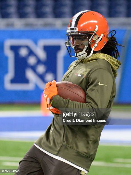 Wide receiver Sammie Coates of the Cleveland Browns carries the ball as he warms up prior to a game on November 12, 2017 against the Detroit Lions at...