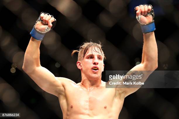 Bojan Velickovic of Serbia celebrates victory over Jake Matthews of Australia in their welterweight bout during the UFC Fight Night at Qudos Bank...