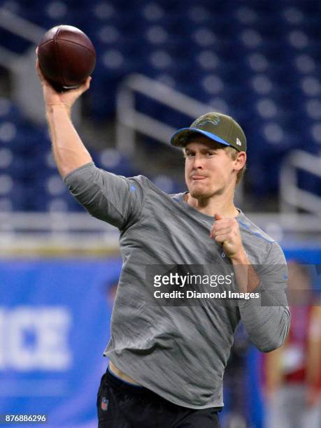 Quarterback Jake Rudock of the Detroit Lions throws a pass prior to a game on November 12, 2017 against the Cleveland Browns at Ford Field in...