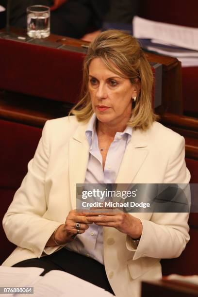 Georgie Crozier MP listens to an answer to her question on November 21, 2017 in Melbourne, Australia. Victoria's lower house passed the historic...