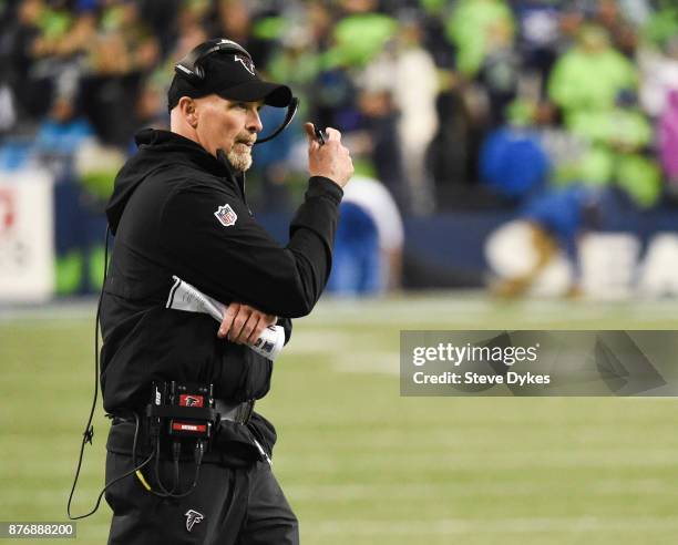 Head coach Dan Quinn of the Atlanta Falcons watches from the sidelines during the game against the Seattle Seahawks at CenturyLink Field on November...