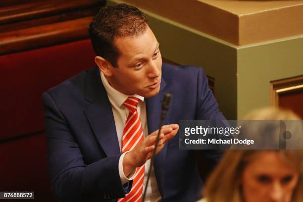 Joshua Morris MP speaks on November 21, 2017 in Melbourne, Australia. Victoria's lower house passed the historic voluntary euthanasia laws on Friday...