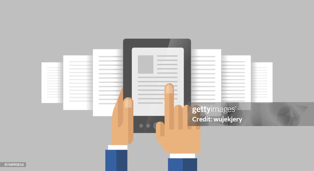 Ereader Graphics Ebook Ereader In Hand Concept Illustration High-Res Vector Graphic ...