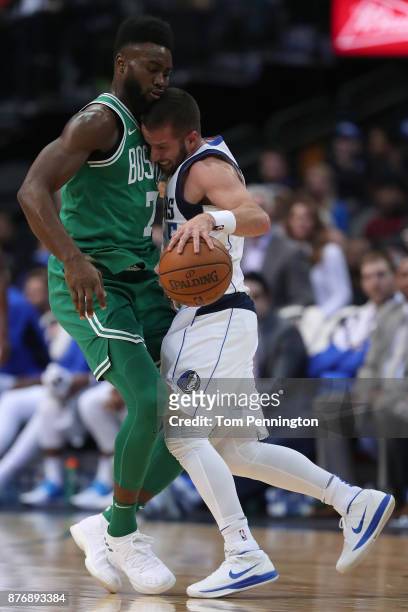 Barea of the Dallas Mavericks dribbles the ball against Jaylen Brown of the Boston Celtics at American Airlines Center on November 20, 2017 in...