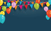 Vector party flags with confetti and balloons. Celebrate concept.