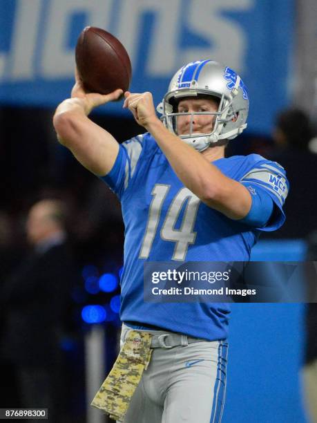 Quarterback Jake Rudock of the Detroit Lions throws a pass prior to a game on November 12, 2017 against the Cleveland Browns at Ford Field in...