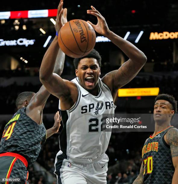 Rudy Gay of the San Antonio Spurs loses control of the ball against the Atlanta Hawks at AT&T Center on November 20, 2017 in San Antonio, Texas. NOTE...