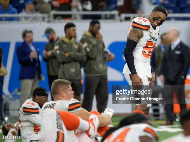 Linebacker Christian Kirksey of the Cleveland Browns smiles as he stretches prior to a game on November 12, 2017 against the Detroit Lions at Ford...