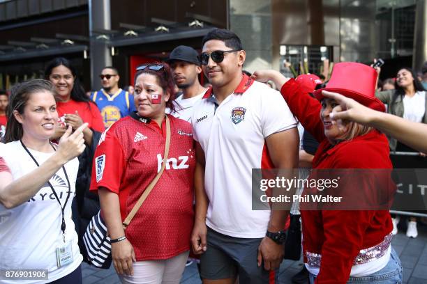 Jason Taumalolo of Tonga greets fans during the Rugby League World Cup 2017 Fan Day at SKYCITY on November 21, 2017 in Auckland, New Zealand.