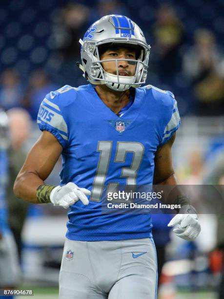 Wide receiver TJ Jones of the Detroit Lions warms up prior to a game on November 12, 2017 against the Cleveland Browns at Ford Field in Detroit,...