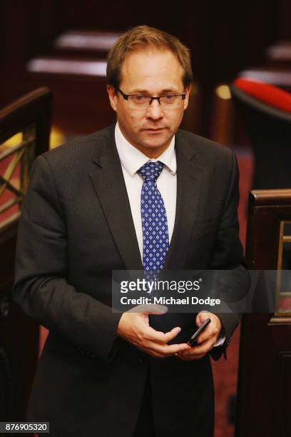 Daniel Mulino MP is seen first the first time in Parliament for a brief moment since he was taken to hospital several days ago on November 21, 2017...
