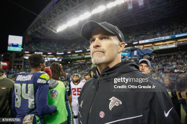 Head coach Dan Quinn of the Atlanta Falcons looks on after the Falcons beat the Seattle Seahawks 34-31 at CenturyLink Field on November 20, 2017 in...