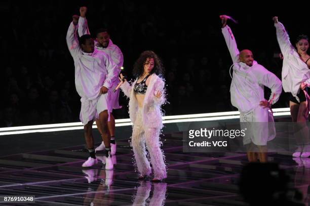 Chinese singer Jane Zhang Liangying performs during the 2017 Victoria's Secret Fashion Show at Mercedes-Benz Arena on November 20, 2017 in Shanghai,...