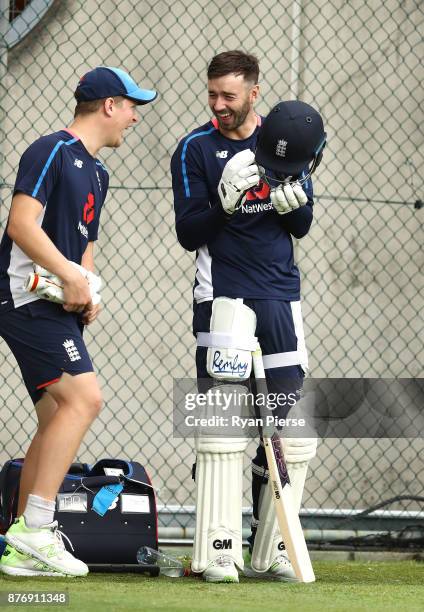 Gary Ballance and James Vince of England share a joke during an England nets session at The Gabba on November 21, 2017 in Brisbane, Australia.