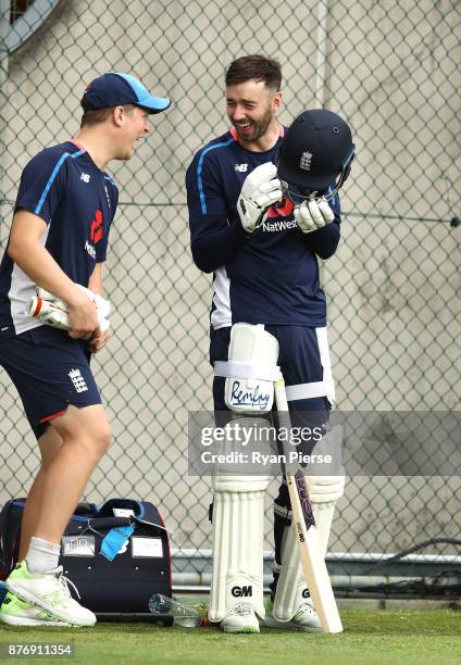 Gary Ballance and James Vince of England share a joke during an England nets session at The Gabba on November 21, 2017 in Brisbane, Australia.