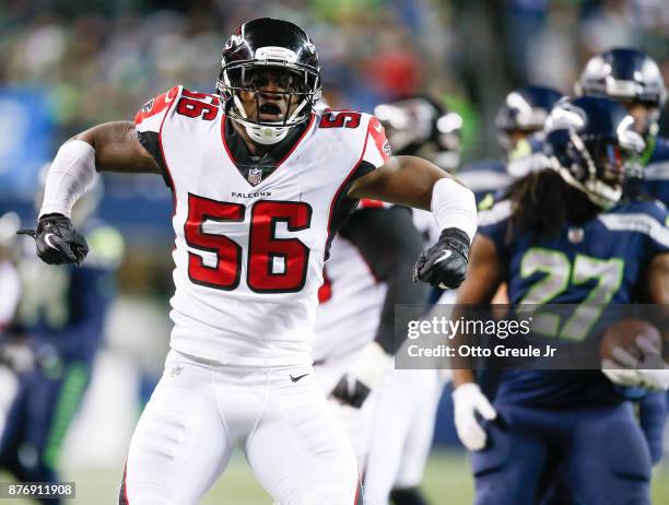 Linebacker Sean Weatherspoon of the Atlanta Falcons celebrates after the Falcons held the Seahawks to no gain in the fourth quarter of the game at...