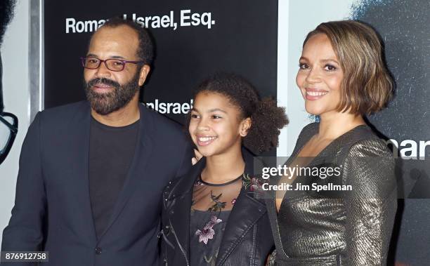 Actor Jeffrey Wright, Juno Wright and actress Carmen Ejogo attend the"Roman J Israel Esquire" New York premiere at Henry R. Luce Auditorium at...