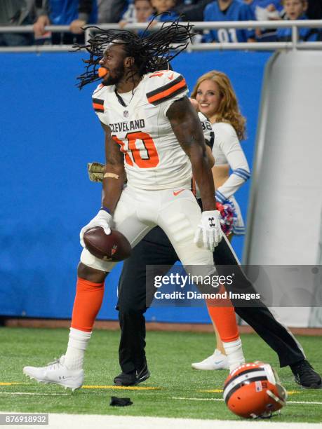 Wide receiver Sammie Coates of the Cleveland Browns celebrates after catching a pass in the first quarter of a game on November 12, 2017 against the...