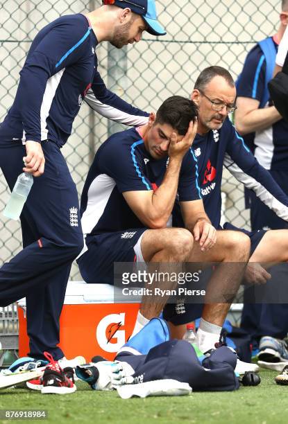 Mark Stoneman and Alastair Cook of England look on during an England nets session at The Gabba on November 21, 2017 in Brisbane, Australia.