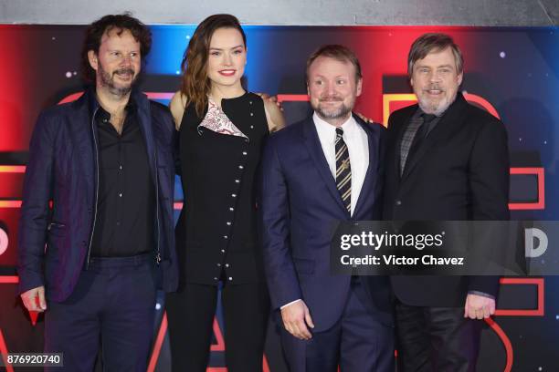 Film producer Ram Bergman, film director Rian Johnson and actor Mark Hamill attend the "Star Wars: The Last Jedi" fan event black carpet at Oasis...