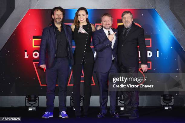 Film producer Ram Bergman, film director Rian Johnson and actor Mark Hamill attend the "Star Wars: The Last Jedi" fan event black carpet at Oasis...