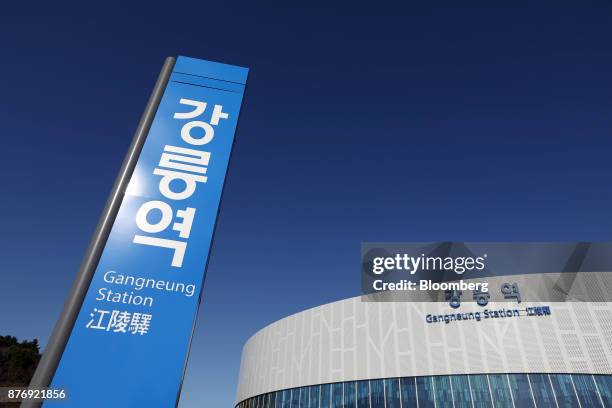 Signage is displayed outside Gangneung Station as it stands near completion in Gangneung, Gangwon-do, South Korea, on Tuesday, Nov. 21, 2017....