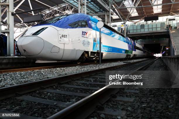 Korea Train Express Sancheon high-speed train, manufactured by Hyundai Rotem Co., waits for departure at Seoul Station in Seoul, South Korea, on...