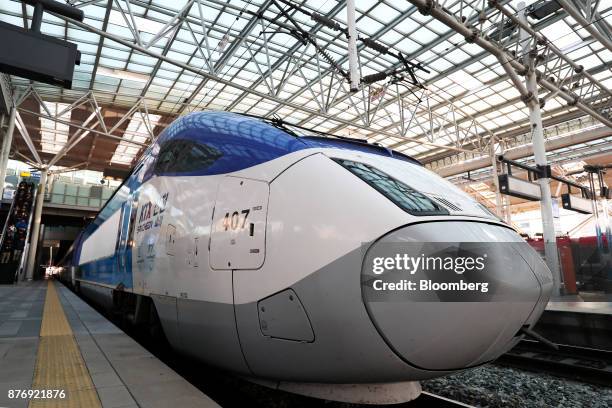 Korea Train Express Sancheon high-speed train, manufactured by Hyundai Rotem Co., waits for departure at Seoul Station in Seoul, South Korea, on...