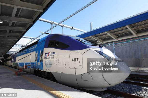 Korea Train Express Sancheon high-speed train, manufactured by Hyundai Rotem Co., waits for departure at Seoul Station in Seoul, South Korea, on...