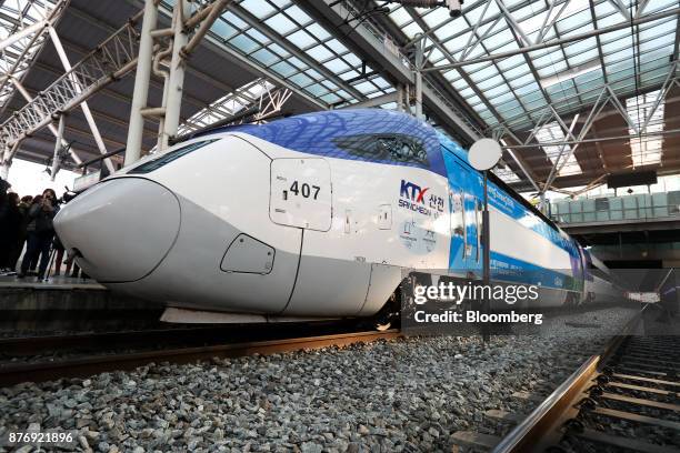 Korea Train Express Sancheon high-speed train, manufactured by Hyundai Rotem Co., waits for departure at Seoul Station in Seoul, South Korea, on...