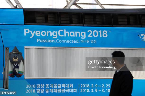 Korea Train Express Sancheon high-speed train, manufactured by Hyundai Rotem Co., featuring advertising for the 2018 PyeongChang Winter Olympic Games...