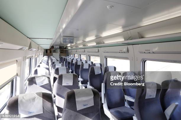Car interior of a Korea Train Express Sancheon high-speed train, manufactured by Hyundai Rotem Co., is seen during a media tour in Gangneung,...