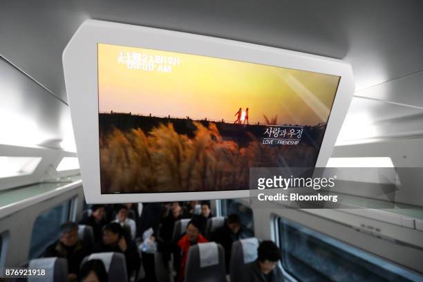 Monitor is seen inside a Korea Train Express Sancheon high-speed train, manufactured by Hyundai Rotem Co., bound for Gangneung during a media tour at...