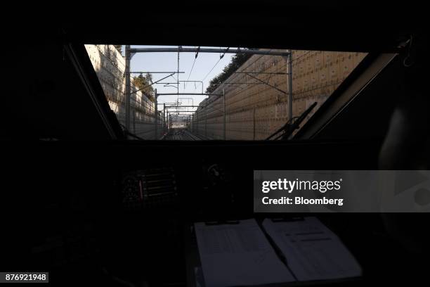 Rail tracks are seen from the cockpit of a Korea Train Express Sancheon high-speed train, manufactured by Hyundai Rotem Co., during a media tour...