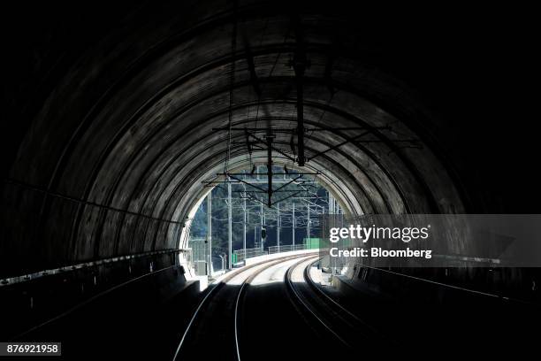 Rail tracks are seen from the cockpit of a Korea Train Express Sancheon high-speed train, manufactured by Hyundai Rotem Co., during a media tour...