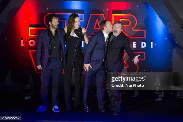 Daisy Ridley, Director Rian Johnson, Mark Hamill are seen attending at black carpet of the Star Wars: The Last Jedi film premiere at Cinepolis Oasis...