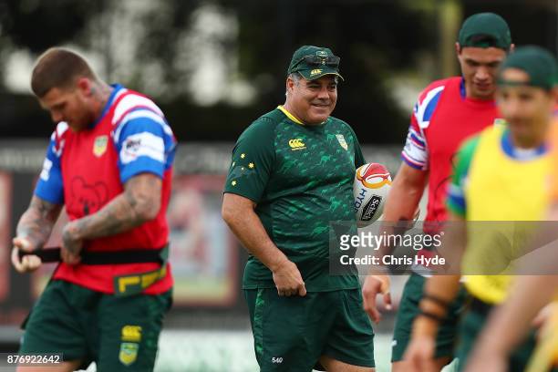 Coach Mal Meninga looks on during an Australian Kangaroos Rugby League World Cup training session at Langlands Park on November 21, 2017 in Brisbane,...
