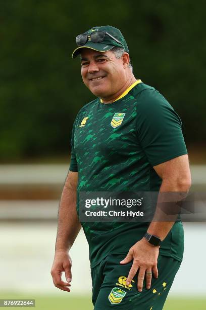 Coach Mal Meninga looks on during an Australian Kangaroos Rugby League World Cup training session at Langlands Park on November 21, 2017 in Brisbane,...