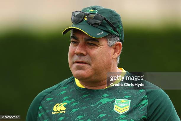 Coach Mal Meninga looks on during an Australian Kangaroos Rugby League World Cup training session at Langlands Park on November 21, 2017 in Brisbane,...