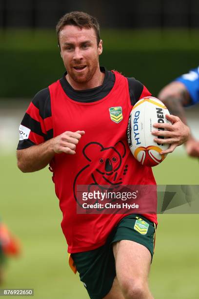 James Maloney runs the ball during an Australian Kangaroos Rugby League World Cup training session at Langlands Park on November 21, 2017 in...