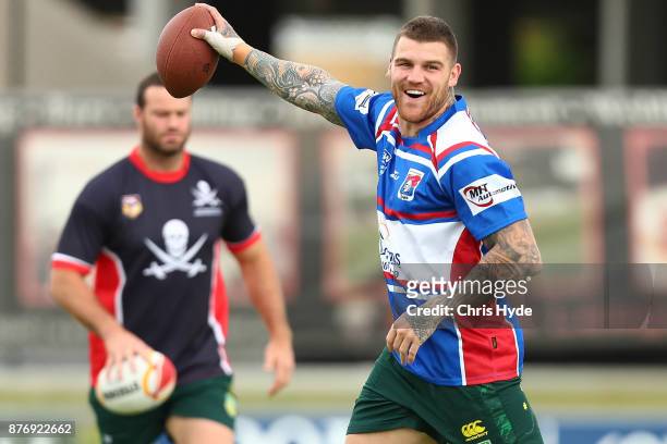 Josh Dugan runs the ball during an Australian Kangaroos Rugby League World Cup training session at Langlands Park on November 21, 2017 in Brisbane,...