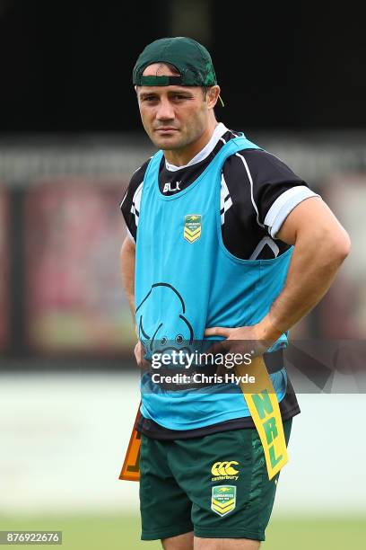 Cooper Cronk looks on during an Australian Kangaroos Rugby League World Cup training session at Langlands Park on November 21, 2017 in Brisbane,...
