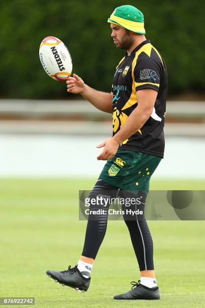 Wade Graham passes during an Australian Kangaroos Rugby League World Cup training session at Langlands Park on November 21, 2017 in Brisbane,...