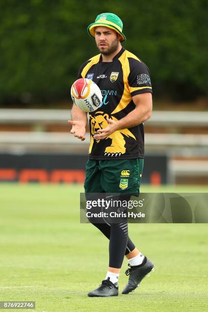 Wade Graham passes during an Australian Kangaroos Rugby League World Cup training session at Langlands Park on November 21, 2017 in Brisbane,...