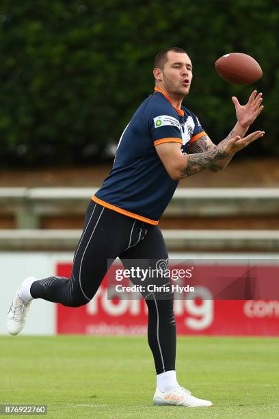 David Klemmer catches during an Australian Kangaroos Rugby League World Cup training session at Langlands Park on November 21, 2017 in Brisbane,...