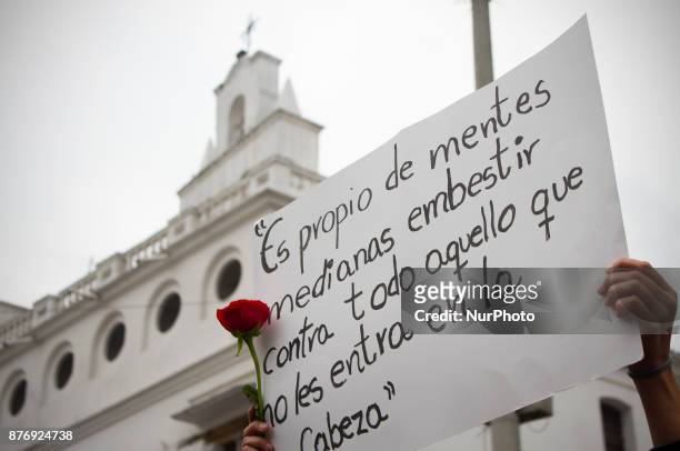 Group of people gathered for ask justice for the unsolved murder of a young man Samuel Chambers in the Plaza de la Independencia in Quito city,...