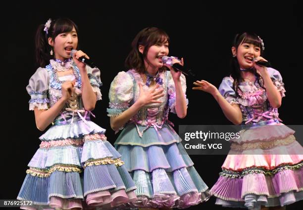 Members Oguri Yui, Mayu Watanabe and Mion Mukaichi of Japanese girl group AKB48 attend AKB48 fans meeting on November 20, 2017 in Shanghai, China.