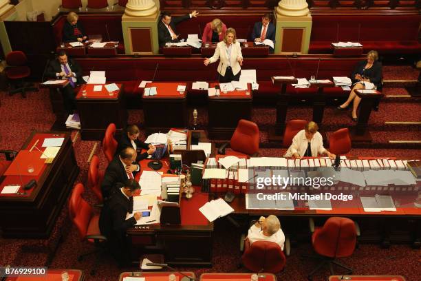 Inga Peulich MP questions Gavin Jennings MP on November 21, 2017 in Melbourne, Australia. Victoria's lower house passed the historic voluntary...