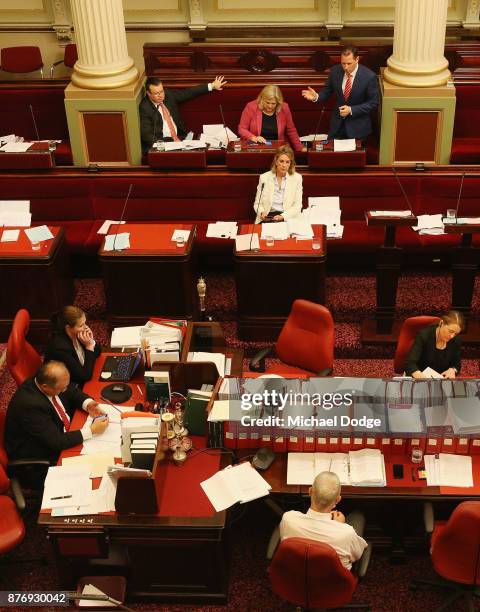 Joshua Morris MP questions Gavin Jennings MP on November 21, 2017 in Melbourne, Australia. Victoria's lower house passed the historic voluntary...